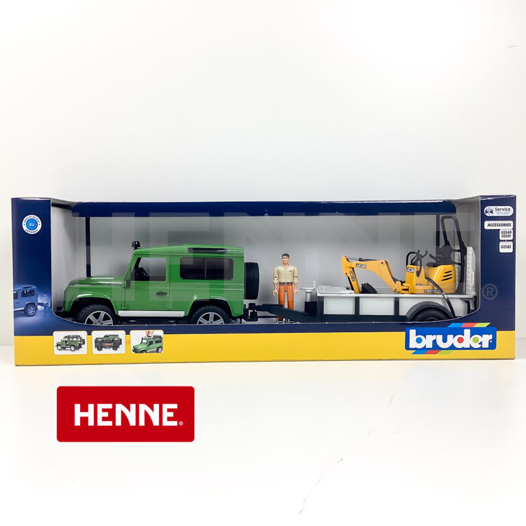 Bruder Land Rover Defender mit Einachsanhänger, JCB Mikrobagger und Bauarbeiter